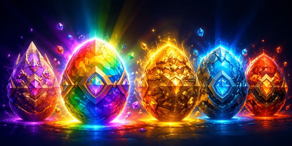 Illustration: Several decorated eggs each glowing with a different coloured aura, rainbow, gold and electric blue, on a dark background