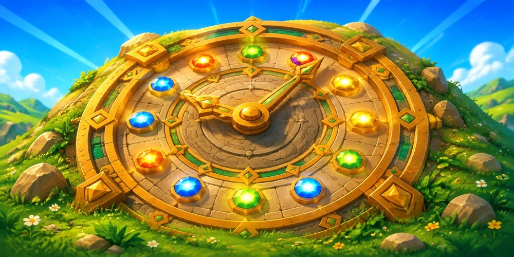 Illustration: A large ornate clock face embedded in a grassy landscape, with glowing markers around the dial
